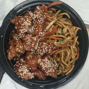 Lunch sesame chicken with lo mein