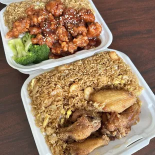 Sesame Chicken &amp; Honey Wings w/ Shrimp Fried Rice