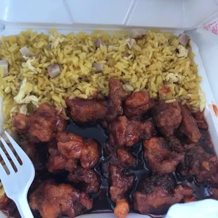 a takeout box with rice and meat