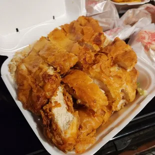 Almond Chicken Combo.  There are 2 full breaded chicken breast. The gravy has a mushroom base.