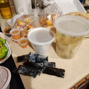 Wonton Soup and all the SAUCES that someone said they did not get.  Oh, we got sauces!