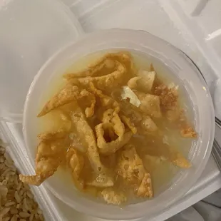Egg Drop Soup with soup chips.
