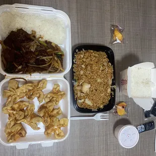 Mongolian beef, white rice, chicken fried rice, cheese wonton