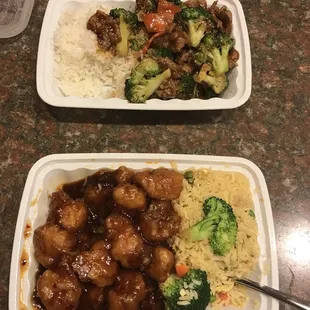 Beef &amp; Broccoli Combo w/ White Rice, and General Tso&apos;s Combo w/ Fried Rice. Yum!