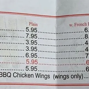 Menu as of 10/16/20