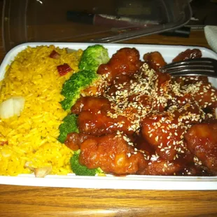 Sesame Chicken with broccoli and fried rice (eggroll not pictured b/c I ate it too fast - oops)