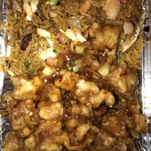 Orange chicken and combo fried rice. Your eyes don't deceive you, those are whole large shrimp!
