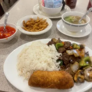 a plate of rice, meat, and vegetables