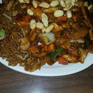 "Chicken kung pao w/shrimp fried rice"