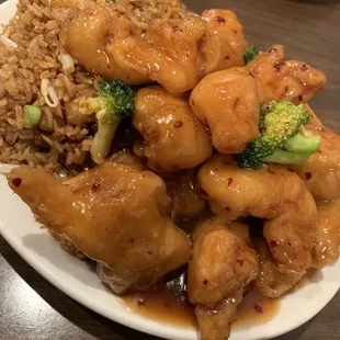 "General Tso w/ Shrimp fried rice"