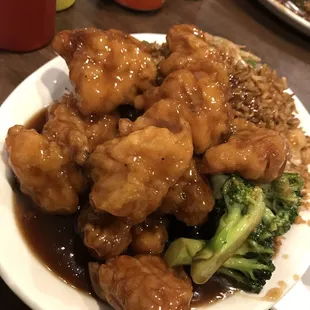 "General Tao chicken w/ shrimp fried rice"