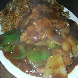 "Pepper steak w/shrimp fried rice"