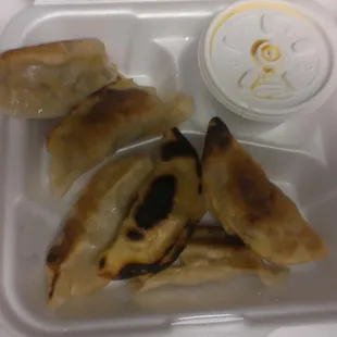 Burned Fried Dumplings with disgusting sauce that looked like it was scraped off the cook top.