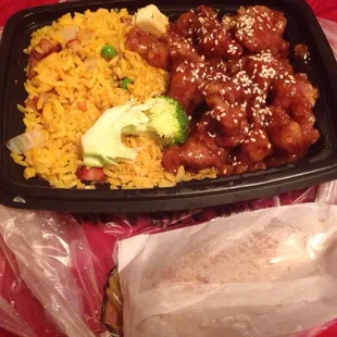 Combo-Sesame chicken with fried rice and egg roll