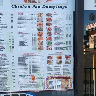 a menu for chicken pan dumplings