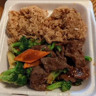 Broccoli beef and fried rice