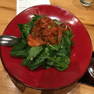Sichuan Red Chili Prawns, Rice Lees, Bloomsdale Spinach