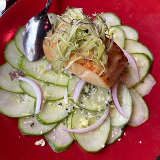 Miso-Glazed Pan-Roasted Smoked Chilean Sea Bass (SCS Certified), Sweet/Sour Cucumber Namasu (gf)