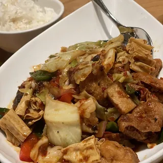 Three Styles Spicy Tofu Medley with Seasonal Veg - Family Style (vg)