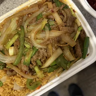 Mongolian beef with shrimp fried rice