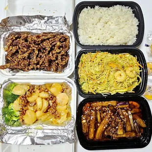 Crispy beef, rice, Singapore fried rice noodle, sichuan eggplant with minced pork, honey walnut shrimp