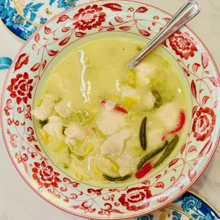 Sliced Fish (sole) Filet with Pickled Mustard, Glass Noodles, Bean Sprouts, Hot Peppers