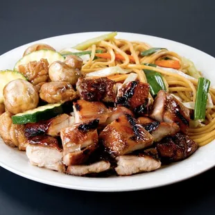2 Entree Platter - Vegetable Lo Mein with Chicken Mushroom and Bourbon Chicken