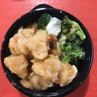 Walnut shrimp and veggies bowl
