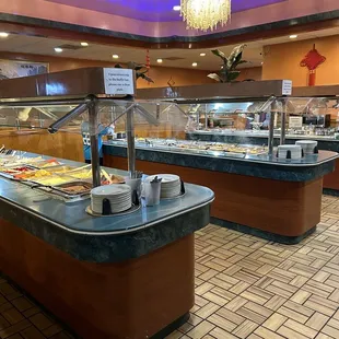 a buffet with a variety of food items