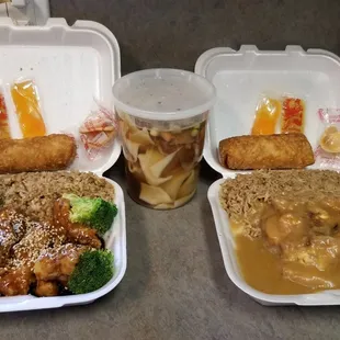 Sesame Chicken - egg rolls - wonton soup - shrimp egg foo young