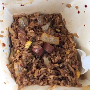 &quot;Sausage fried rice&quot; which is actually cut up hotdogs in fried rice.