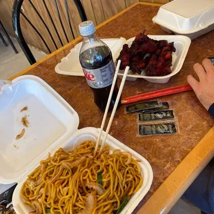 Shrimp lomein and 2 servings of chicken on a stick