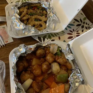 Sweet and sour pork ( sauce package separately for takeout:) &amp;  Fried Calamari with peppers!