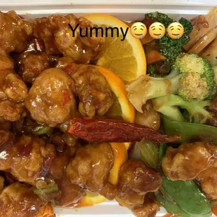 Dragon and Phoenix which has both general tso&apos;s chicken and hunan shrimp in it, soooo good!