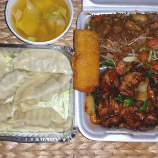 Steamed Pork Dumplings, Bourbon Chicken Combo Platter with Special Fried Rice