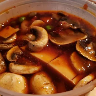 Bean Curd Szechuan Style ($8.55). More like mapo tofu, but spicy and tasty w/mushrooms, peas, carrots &amp; water chestnuts.