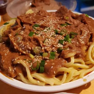 Cold noodles with sesame sauce ($4.60). Giant portion for practically nothing. But it&apos;s not that interesting &amp; is slightly sweet.