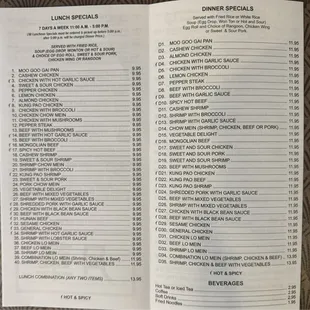 Lunch and dinner specials menu.