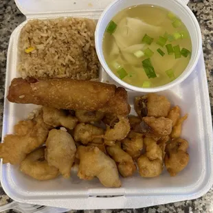 Sweet and Sweet &amp; Sour Pork, fried rice, and wonton soup.