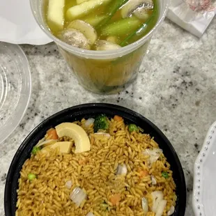 Vegetables Soup and vegetable fried rice