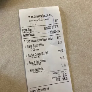 the receipt for the restaurant