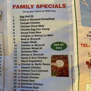 a menu for a family special