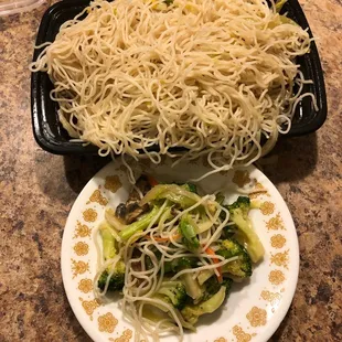 This was all the vegetables I could find in the mountain of angel hair pasta dish!