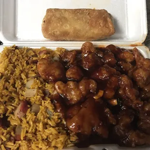 Lunch special general tso chicken, pork fried rice and egg roll.