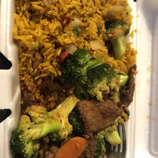 beef and rice in a styrofoam container