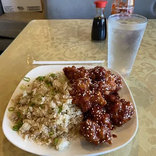 Sesame Chicken and chicken fried rice! MMM good!