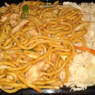 Delicious chicken lo mein comes with rice and eggroll!