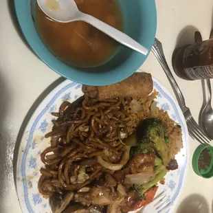 Wonton soup, lo mein, pork fried rice, egg roll