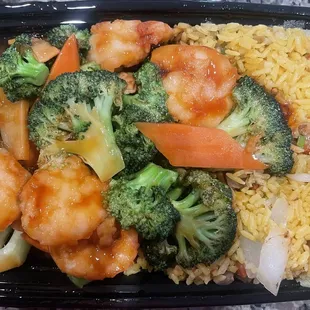 Shrimp &amp; broccoli with pork fried rice