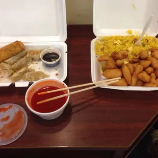Fried dumplings, sweet and sour pork, fried rice